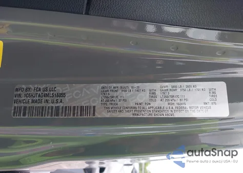 2021 Jeep Gladiator Willys 4X4 z USA, uszkodzony, nr VIN 1C6HJTAG4ML518055